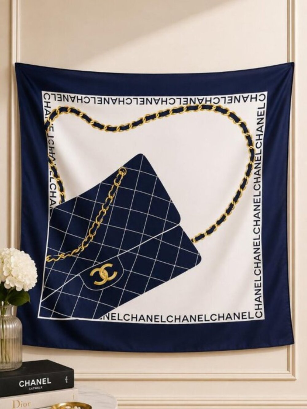 Authentic CHANEL Classic Flap Bag Chain Silk Scarf Navy White Gold CC Logo